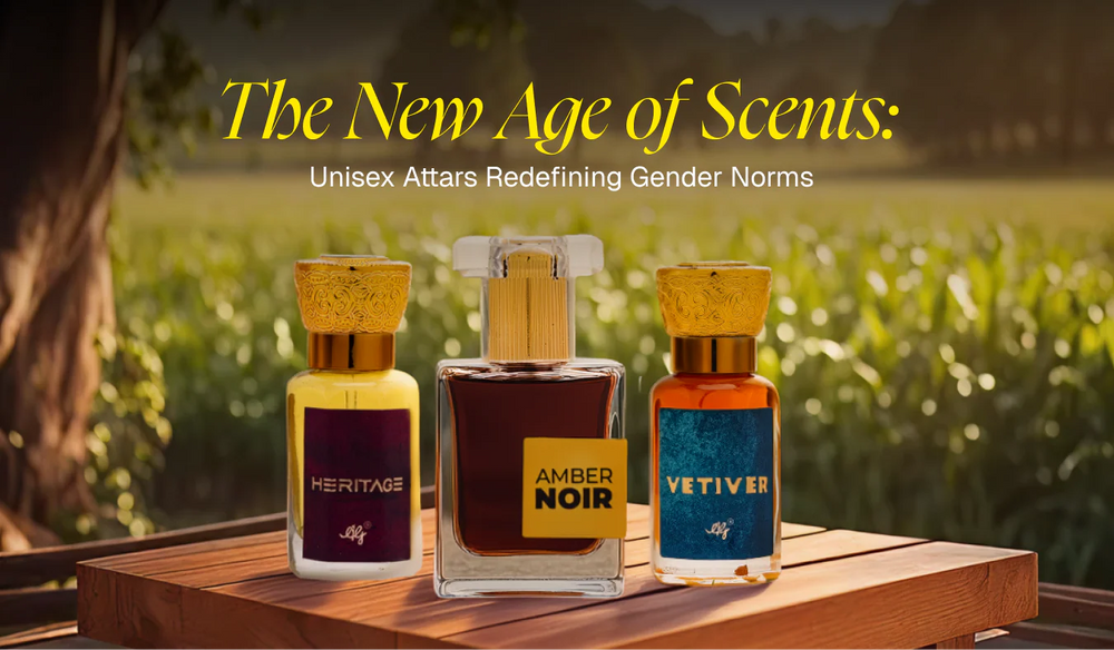 Youvora AG unisex attars (Heritage, Vetiver, Amber Noir) displayed together — ideal for fragrance lovers seeking versatile, gender-neutral perfumes.